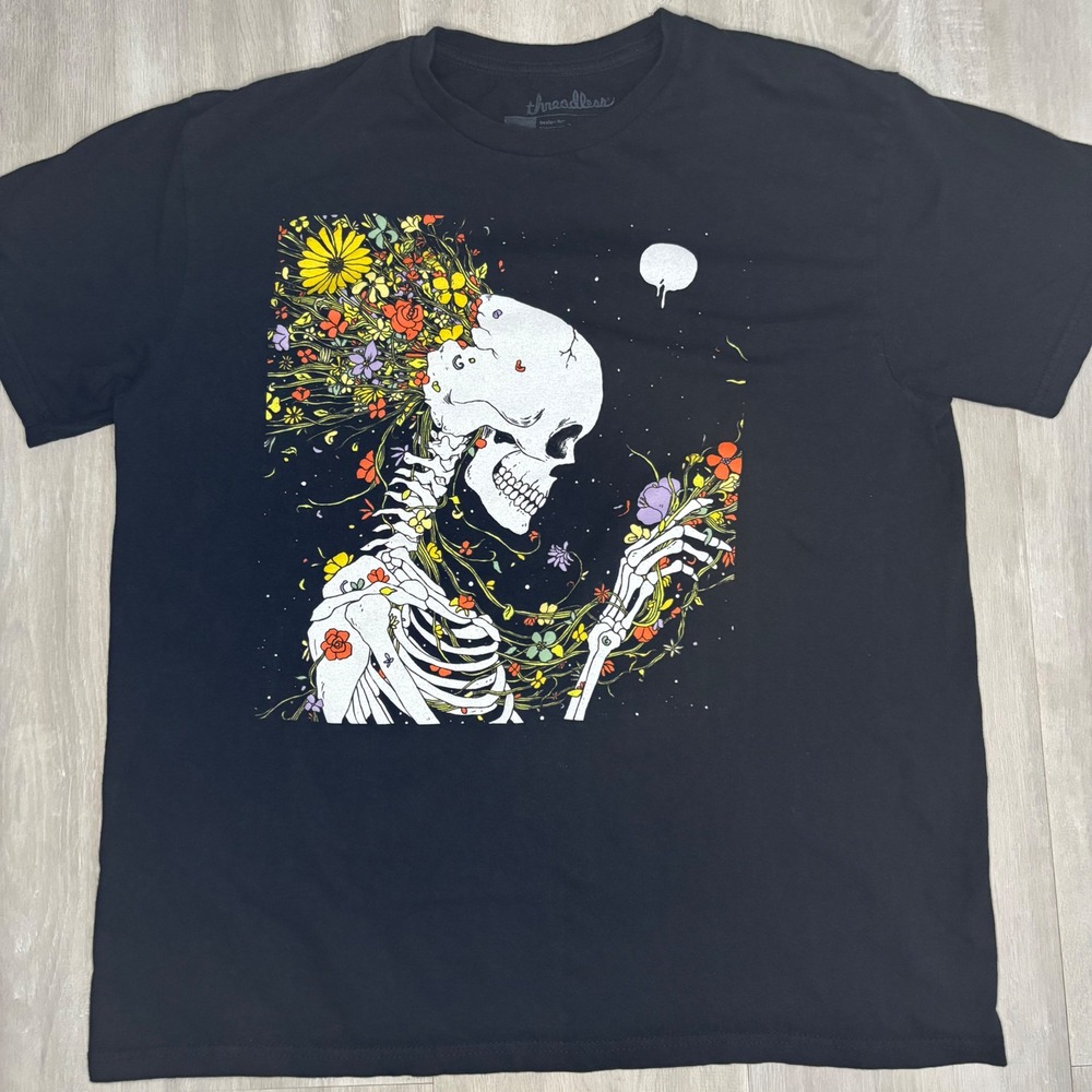 Threadless Norman Duenas Skeleton Floral Graphic T-Shirt Mens Large Whimsigoth